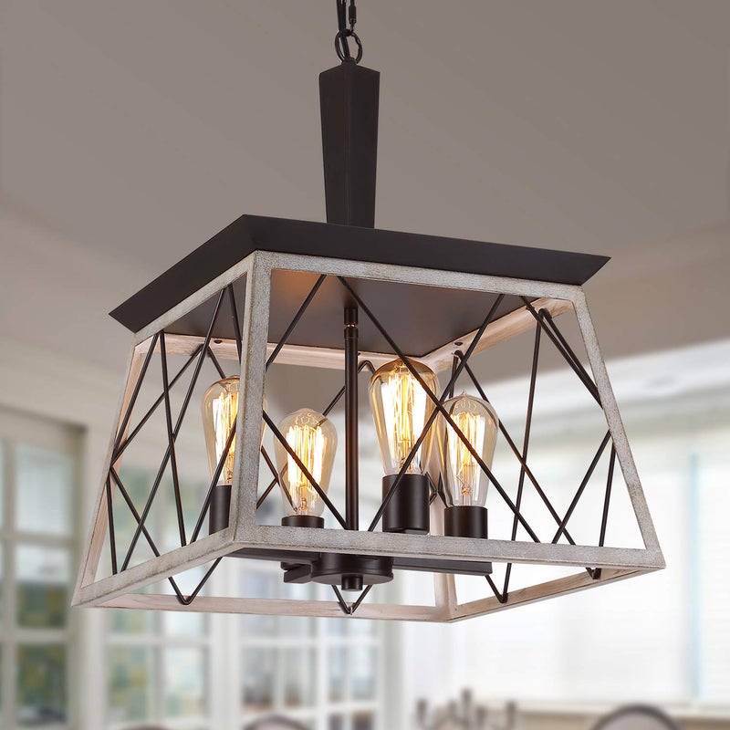 QS Q&S Farmhouse Vintage Chandelier, Rustic Pendant Light,Industrial Hanging Light Fixture for Dining Room Kitchen Island,Wrought Iron,ORB+Oak White 4 Lights E26 UL Listed - Image 1